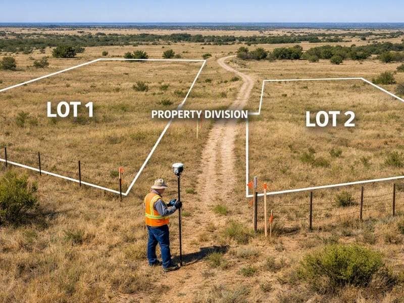 A surveyor uses GPS equipment to establish new property boundaries before dividing rural land into two legal lots
